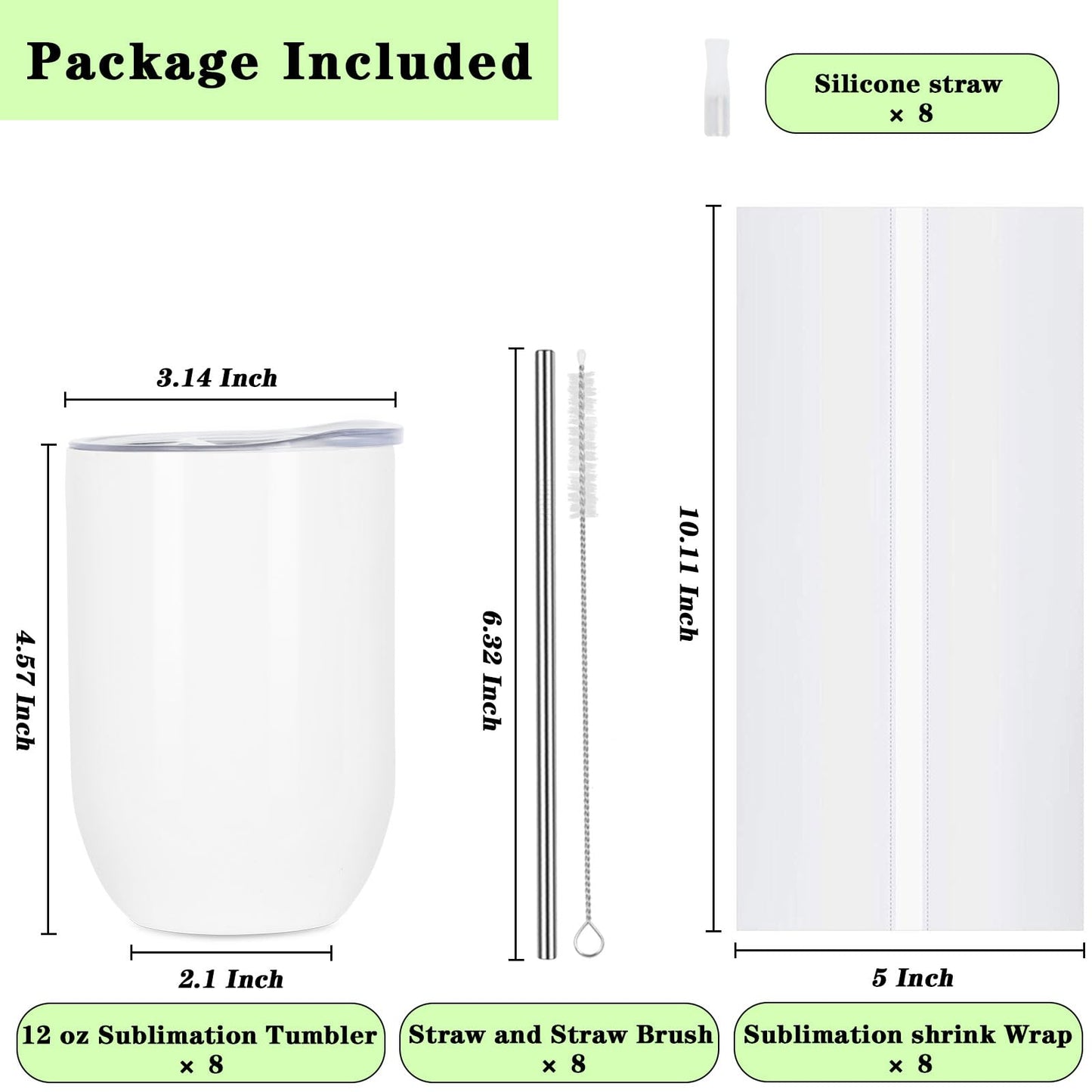 Draheri 12 Oz Sublimation Wine Tumblers Blanks Bulk, Stainless Steel Double Wall Insulated Sublimation Cups with Straw and Straw Brush, Individually Boxed (8 Pack)