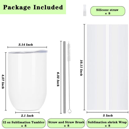 Draheri 12 Oz Sublimation Wine Tumblers Blanks Bulk, Stainless Steel Double Wall Insulated Sublimation Cups with Straw and Straw Brush, Individually Boxed (8 Pack)