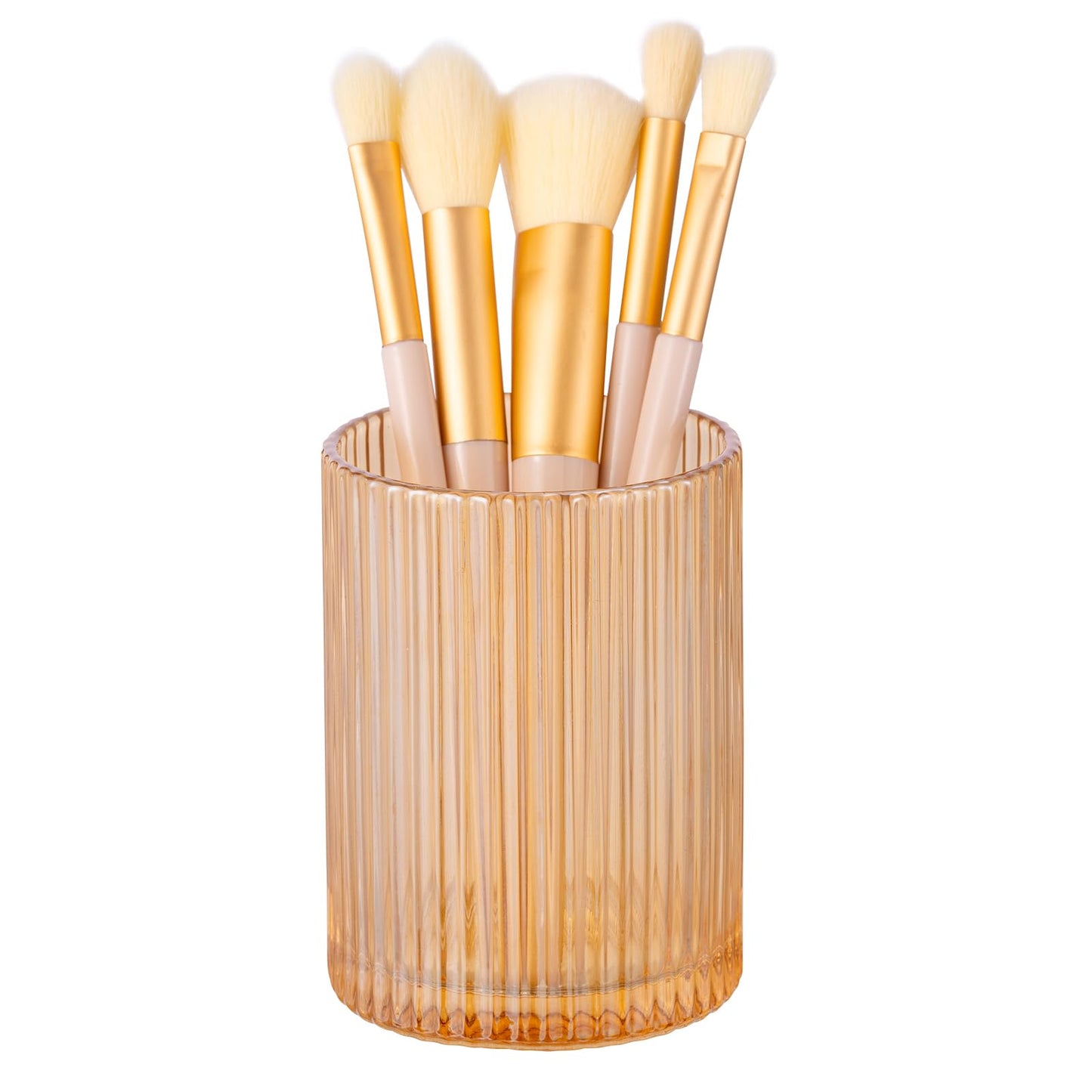 DASITON Makeup Brush Holder Organizer, Crystal Cosmetic Makeup Brushes Storage Holder, Glass Make Up Brush Holder, Vintage Striped Make Up Cup Desk Pen Pencil Holder, Toothbrush Holders (Coffee S)