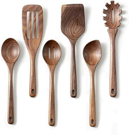 Gudamaye 12-Inch Black Walnut Wooden Cooking Spoons - 6-Piece Long Handle Utensil Set