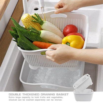 LNQ LUNIQI Double-layer Draining Basket Plastic Fruits Vegetable Washing Basket Food Storage Basket Multi-layer Stackable Vegetable Sinks Wash Drain Basket for Kitchen （Grey）