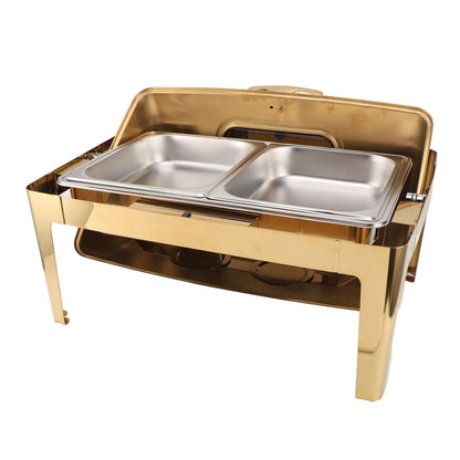 Qiilu Premium Buffet Chafing Dish Stainless Steel Chafer 9L Buffet Catering Food Warmer with Transparent Glass Lid and HighQuality Heating Method (Plated Gold)