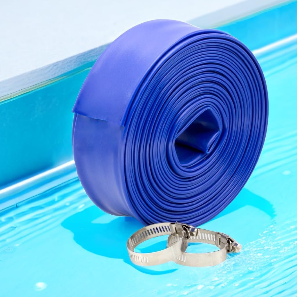WWD POOL 1-1/2" x 50' Heavy Duty Backwash Hose with Clamp - General Purpose PVC Lay-Flat Water Discharge