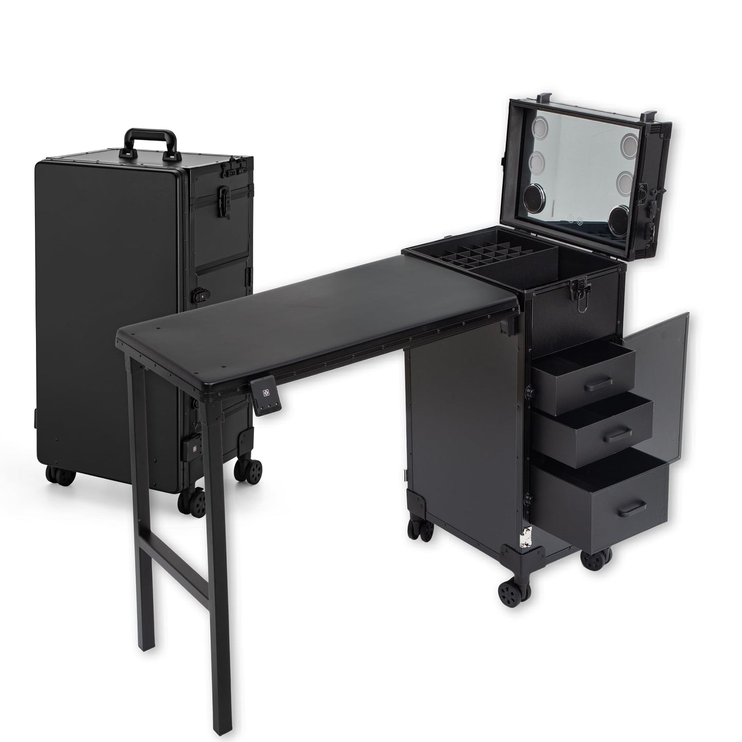 SJD LACE Rolling Manicure Table with 3 Drawers, Portable Nail Desk for Nail Tech, Foldable Nail Table Lockable Makeup Case with Mirror, Nail Polish Organizer, Mobile Nail Tech Workstation with Wheels