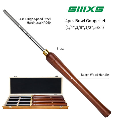SIIIXS 4Pcs HSS Bowl Gouge Lathe Chisel Set with Side Grind, 1/4", 3/8", 1/2" and 5/8" Spindle Gouge for woodturning,Wood Lathe Bowl Turning Tools with Wooden Box