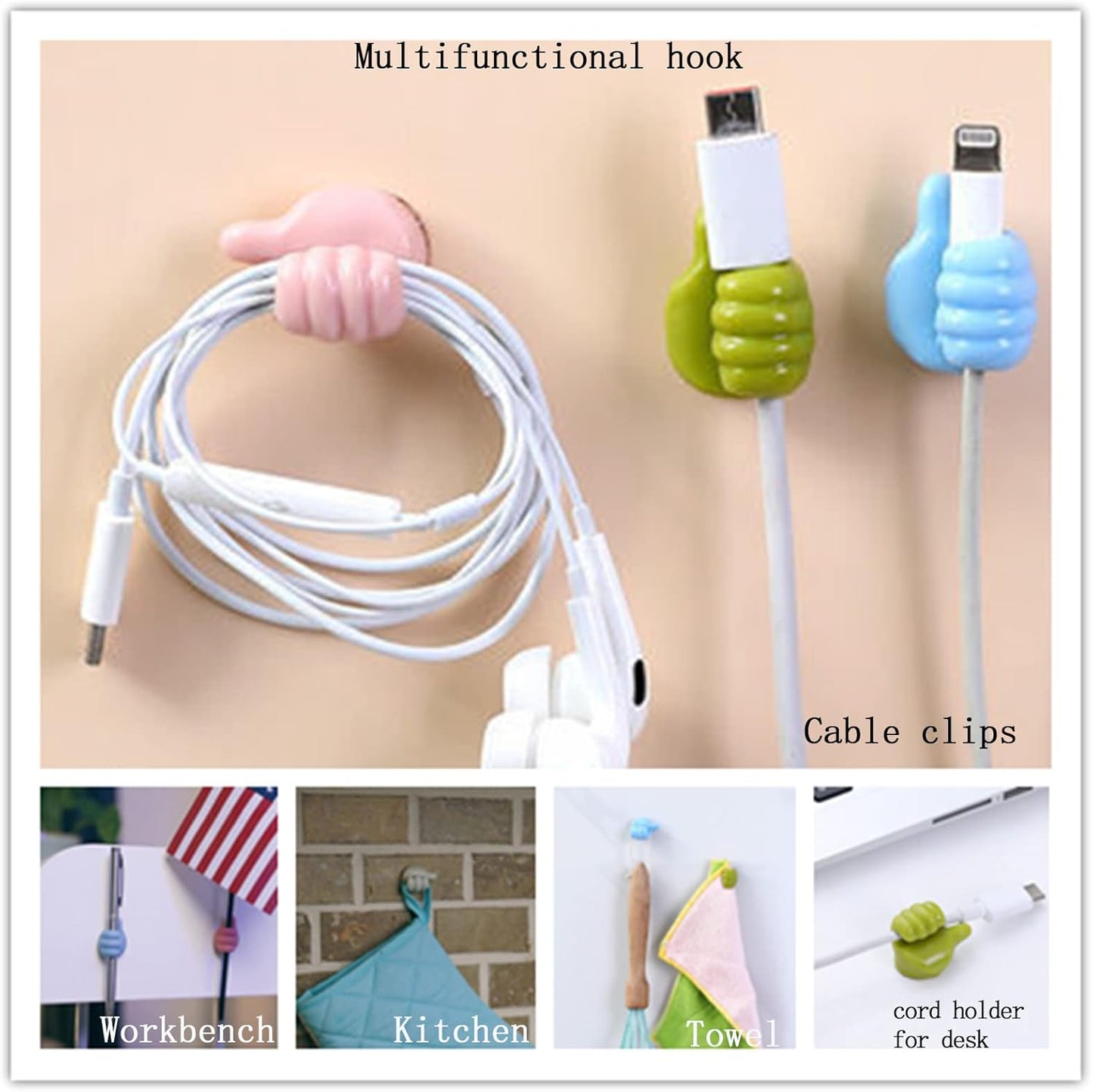 14pcs Thumb Wall Hooks, Self Adhesive Cable Organizer Clips, No Punching Key Hook Holder, Multifunctional Silicone Hooks