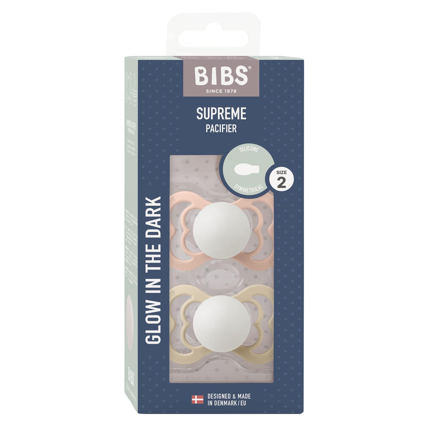 Bibs Supreme Silicone Pacifier for 6+ Months Toddlers 2-Pieces, Size 2, Blush Night/Vanilla Night