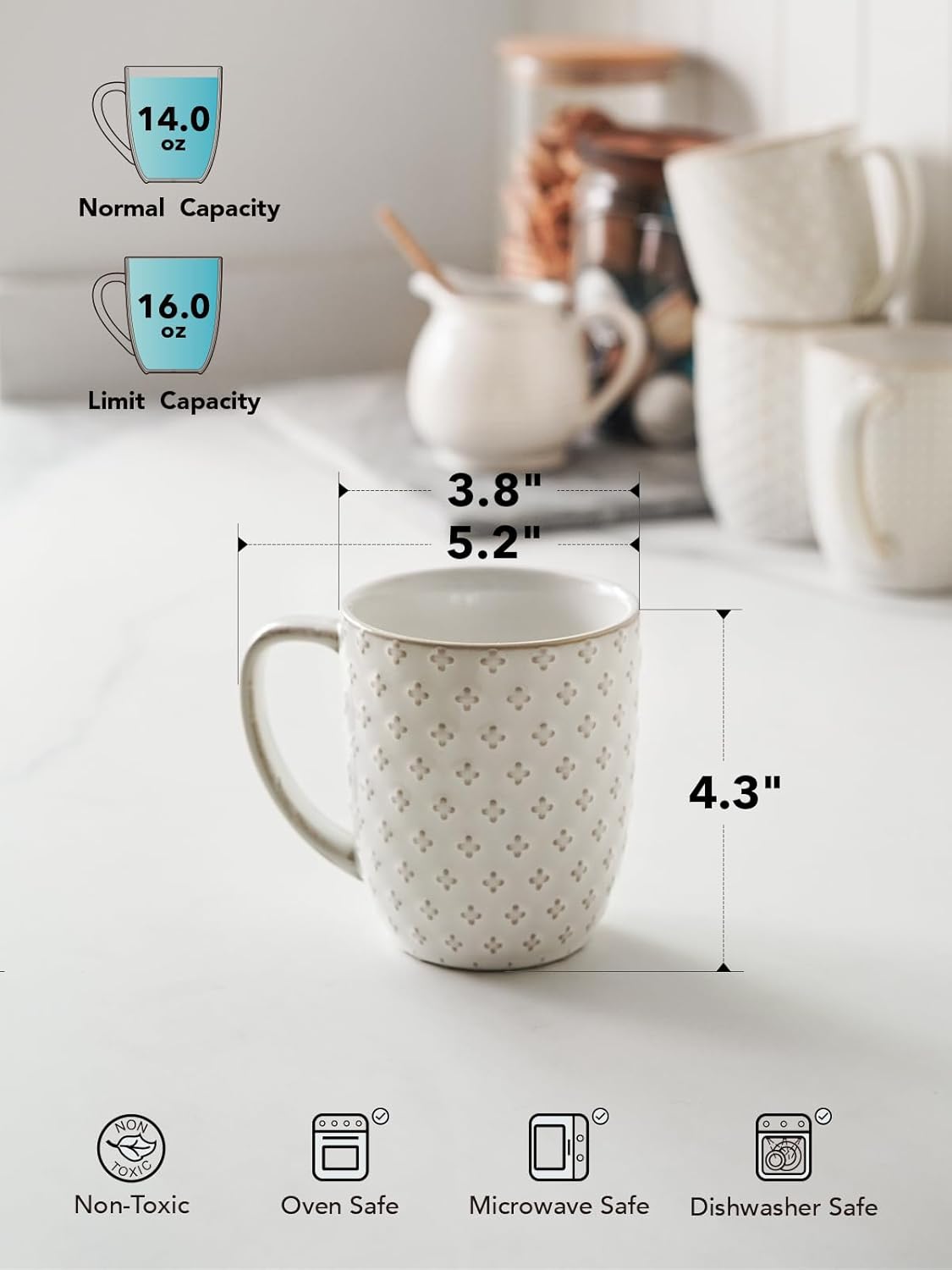 16 oz,Ceramic Set, 3.8 inch, Set 4, LE TAUCI Coffee Mugs Mug Embossment Cups for Latte, Hot Tea, Cappuccino, Mocha