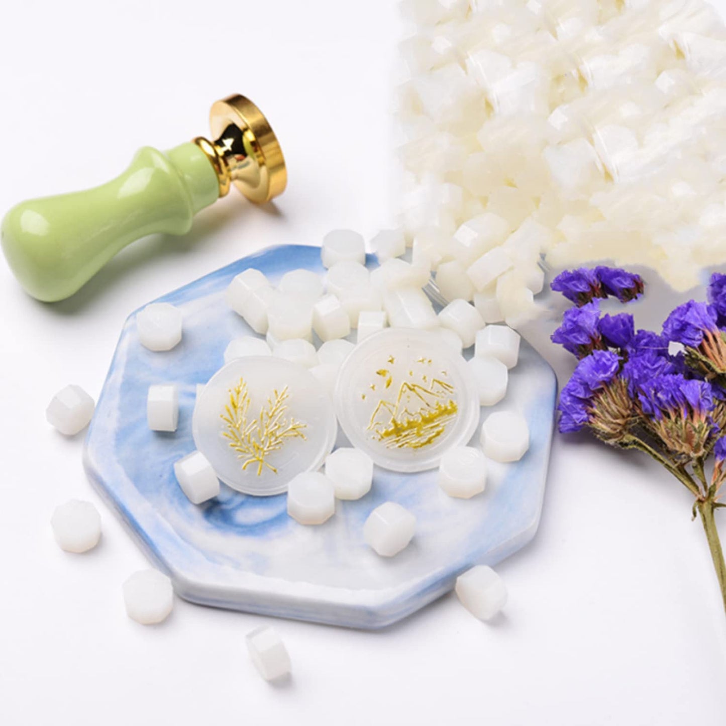 Wax Sealing Beads, ONWINPOR 300pcs Pearl White Wax Seal Beads, 1pcs Wooden Wax Seal Warmer, 1pcs Melted Spoon and 10pcs Tea Candles for Wax Sealing Stamp Kit (Pearl White)