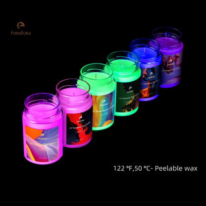 UV Fluorescent Soy Wax Low Temperature Candles, Low Heat Body Safe Candle for Night Party, Unscented, 122 °F, 11 oz, Peelable Wax (Blue)