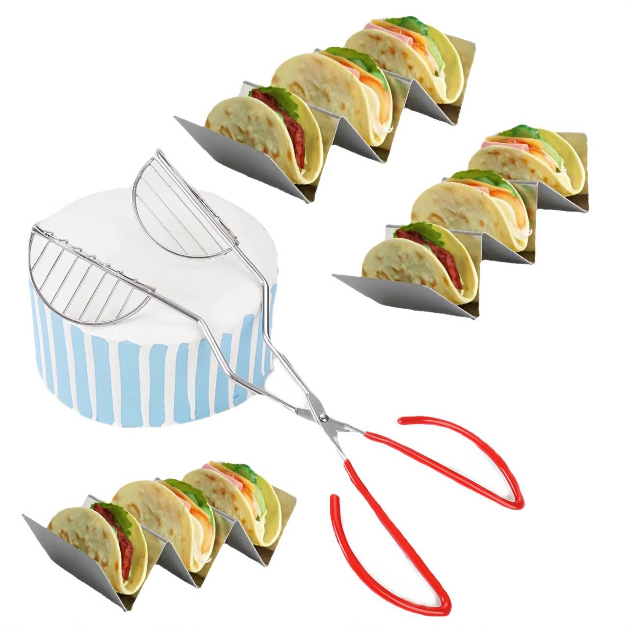 Taco Shell Maker Press Tortilla Fryer Tongs with 3pack Taco Holder Set,Make Homemade Stand-Up Taco Easy,Each Metal Taco Stands Hold 3 Tacos