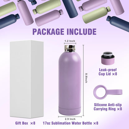 PlanetFlame Sublimation Blanks, 8 Pack 17 oz Tumblers Double-wall Insulated Stainless Steel Water Bottle Sublimation with Silicone Ring Coffee Cups, Matte Lightpurple