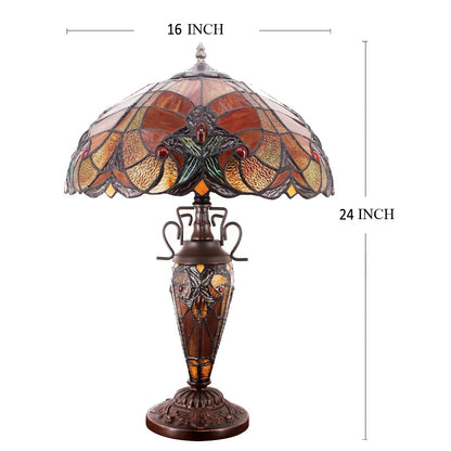 WERFACTORY Tiffany Lamp Red Stained Glass Liaison Mather-Daughter Vase Table Lamp 16X16X24 Inch Antique Desk Reading Light Decor Bedroom Living Room Home Office S160R Series