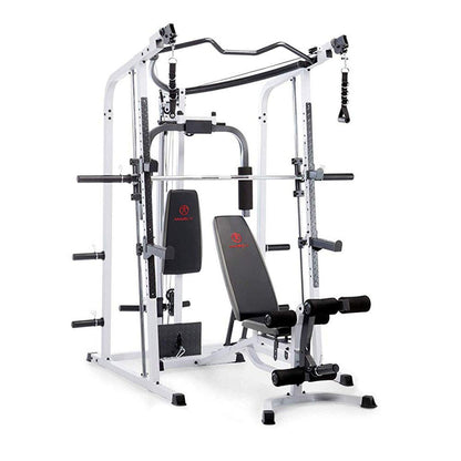 Marcy Pro Smith Cage Workout Machine Full Body Training Home Gym Equipment System with Leg Developer, Press Bar, PEC Deck, and Squat Rack, White