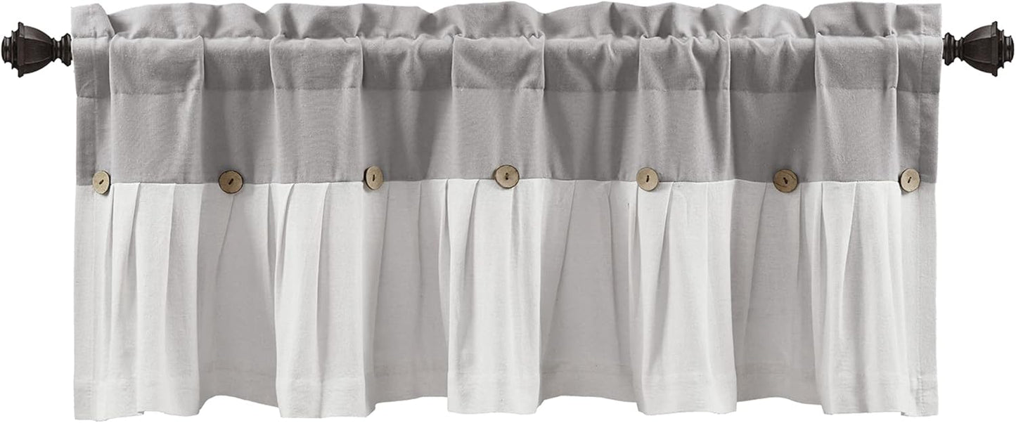 Lush Decor Linen Button Farmhouse Valance - 52" W x 18" L, Gray & White, Rustic Kitchen Curtains with Coconut Husk