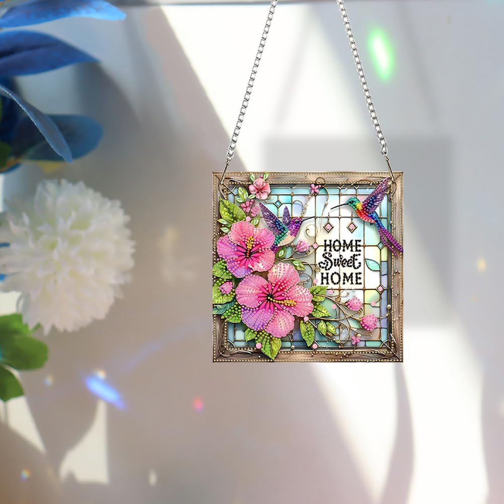 C'eitura Acrylic Special Shape Sweet Home Pink Flower 5D DIY Diamond Art Painting Hanging Pendant Rhinestone Crafts for Garden Window Decor
