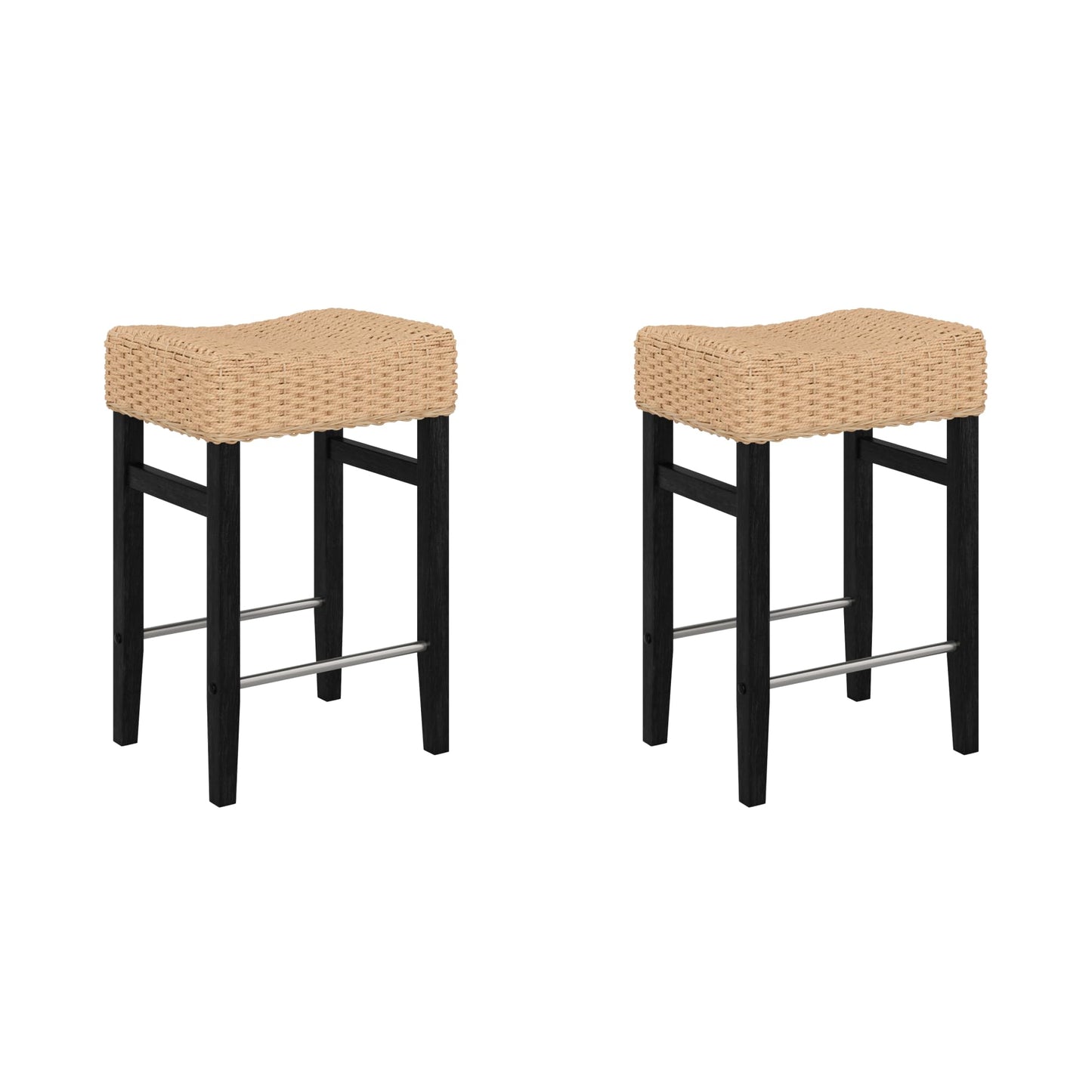 Nathan James Harvey Rattan Bar Stool, Bohemian Counter Height Stool with Woven Seagrass Seat, Solid Wood Legs, and Metal Footrest Seagrass/Brushed Black, Set of 2