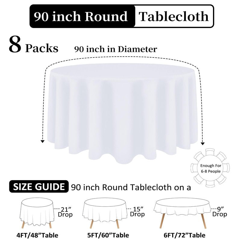 Heneger 8 Pack White Round Tablecloth 90 Inch White Table Cloth Stain and Wrinkle Resistant Reusable and Washable Polyester Fabric Table Covers for Buffet Wedding Party and Banquet