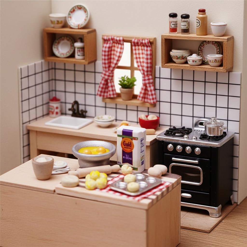 Miniature Dollhouse Kitchen Baking Set with Rolling Pin, Mixing Bowl, Bread Molds, Checkered Mat, Food Preparation Board, Photography Props