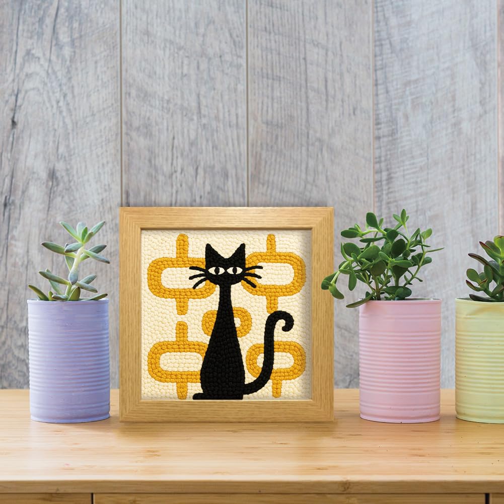 FREEBLOSS DIY Punch Needle Kit Abstract Cat Punch Needle Embroidery Wall Hanging Painting Punching Needles Starter Kit for Beginners with Complete Tools, Already Framed, 9.4x9.4inch