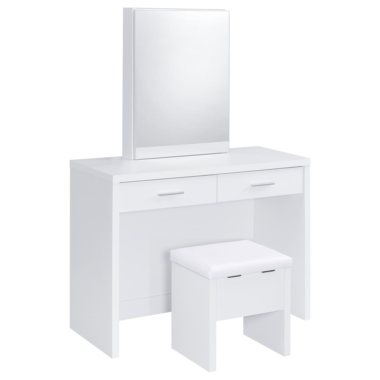 Coaster Home Furnishings - Bunbury - Wood - Makeup Vanity Table Set with Rectangular Storage Mirror, Dual Drawers, and Upholstery Stool - Bedroom - White - 930280