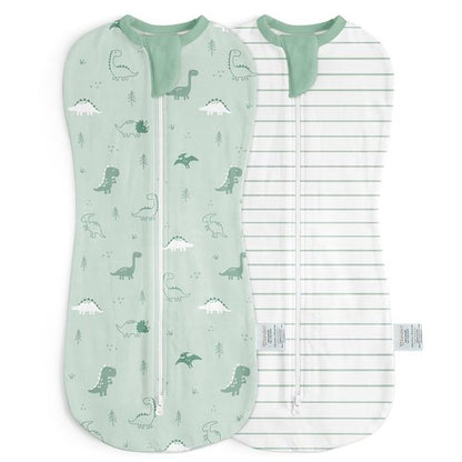 Baby Swaddle 0-2 Months, Cotton Arm-In Zipper Sleep Sack, Wearable Blankets Wrap for Newborn Infant Boys (Dinosaur, Stripe, Pack of 2)