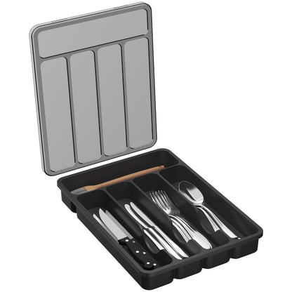 Lifewit Silverware Organizer with Lid, Covered Utensil Tray for Kitchen Drawer and Countertop, Plastic Cutlery and Flatware Storage Box for Spoons Forks Knives Holder Case, 6 Compartments, Black