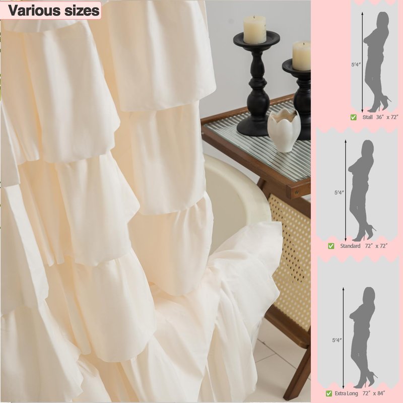 WestWeir Beige Ruffle Shower Curtain - Farmhouse Ruffled Design, Cream Boho Bathroom Curtain with Elegant Layered Ruffles, Rustic Shabby Chic Style, 72x72 Fabric Decorative Drapes