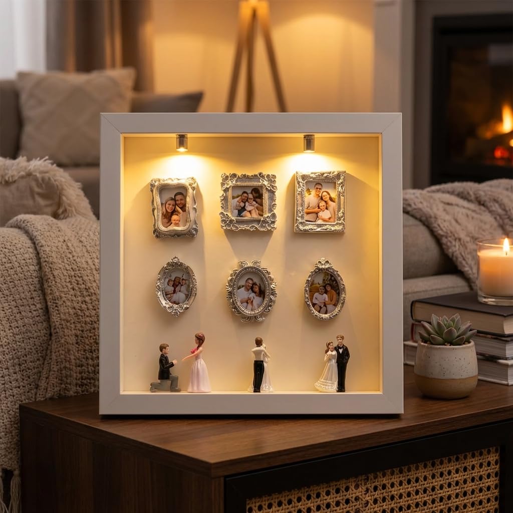 AHFYDX DIY Mini Frames Silhouette Box, Shadow Box Frame with 6 DIY Frames，2 Lights and 4 Dolls, Customizable Design, Warm Style, Sentimental Gift for Family and Couples（White-Acrylic Front pane）