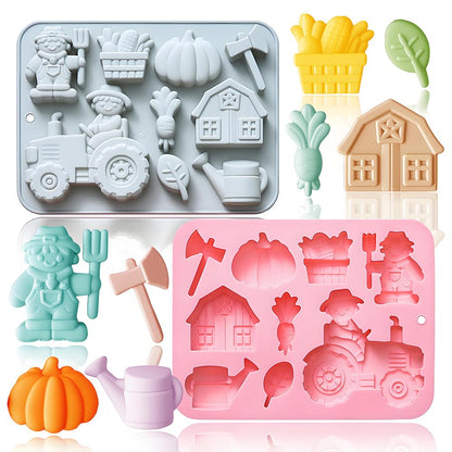 2 Pack Silicone Chocolate Molds with Farm Theme Pumpkin Tractor Axe Watering Pot House Handmade Soap Mold 9 Cavity Gummy Ice Cube Crayon Pastry Baking Tools for Cookie Chocolate Cake Décor