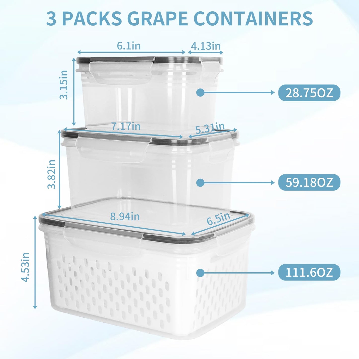 Dukrouk Grape Container for Fridge,3PCS(0.9Qt - 13.5Qt),Leakproof Grape Container with Removable Colander,Dishwasher & microwave safe Produce Containers,Keep Fruits, Vegetables, Meat Fresh Longer