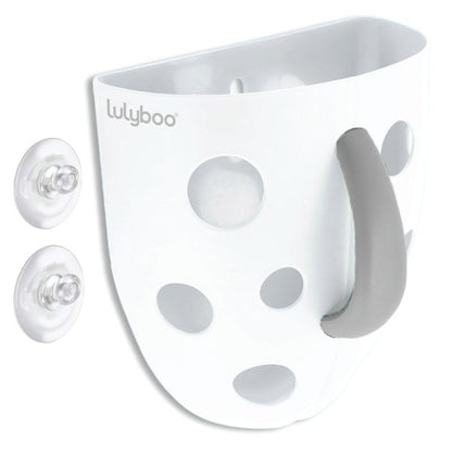 Lulyboo Baby Bath Toy Holder with No-Slip Suction Cups, BPA-Free Drainage Bin, Easy Clean Wall Organizer, White & Grey, Keeps Bathroom Clutter-Free & Safe for Kids