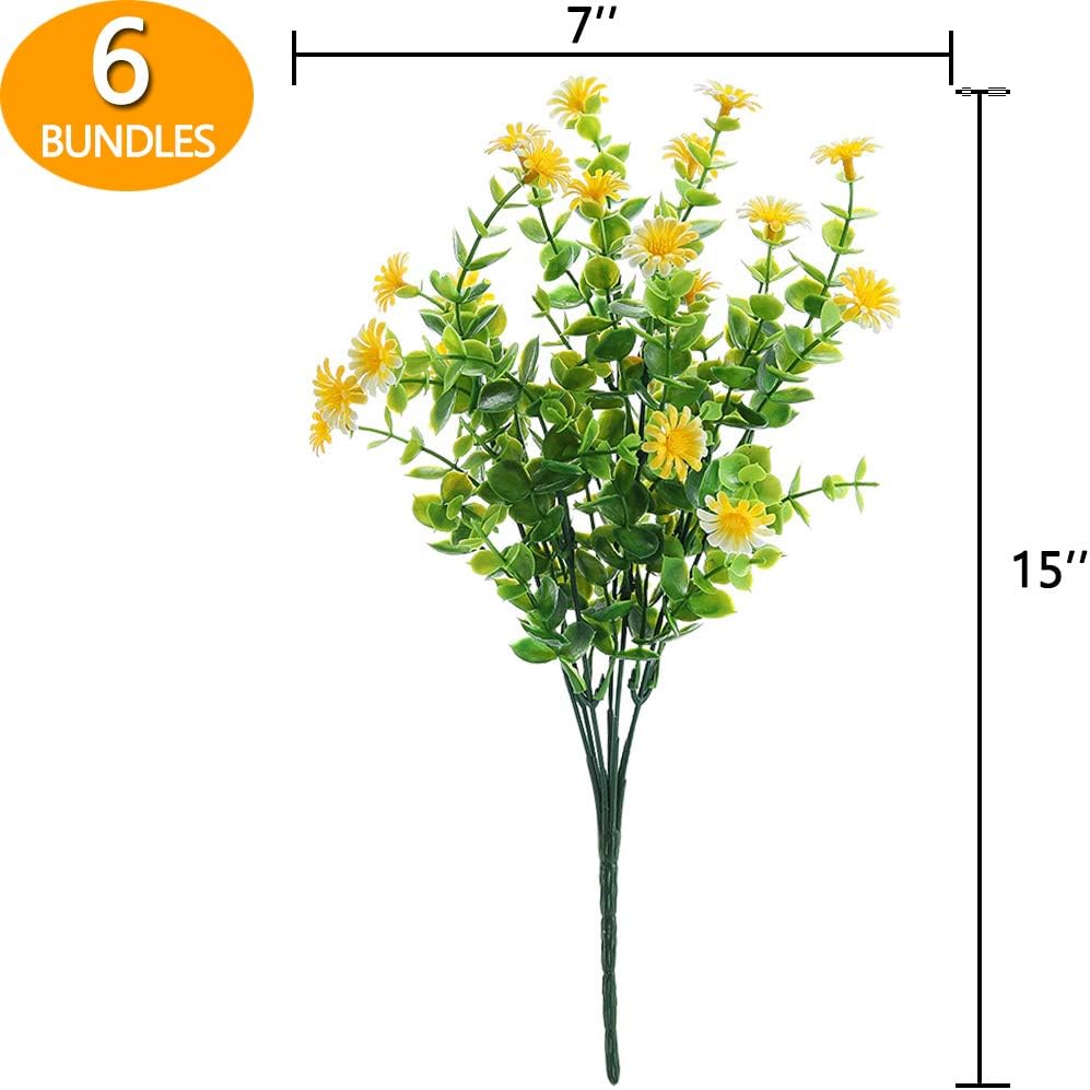 GREENRAIN 6 Bundles Artificial Daisy Flowers, Outdoor Fake Flowers for Decoration, No Fade Faux Plastic (Yellow)