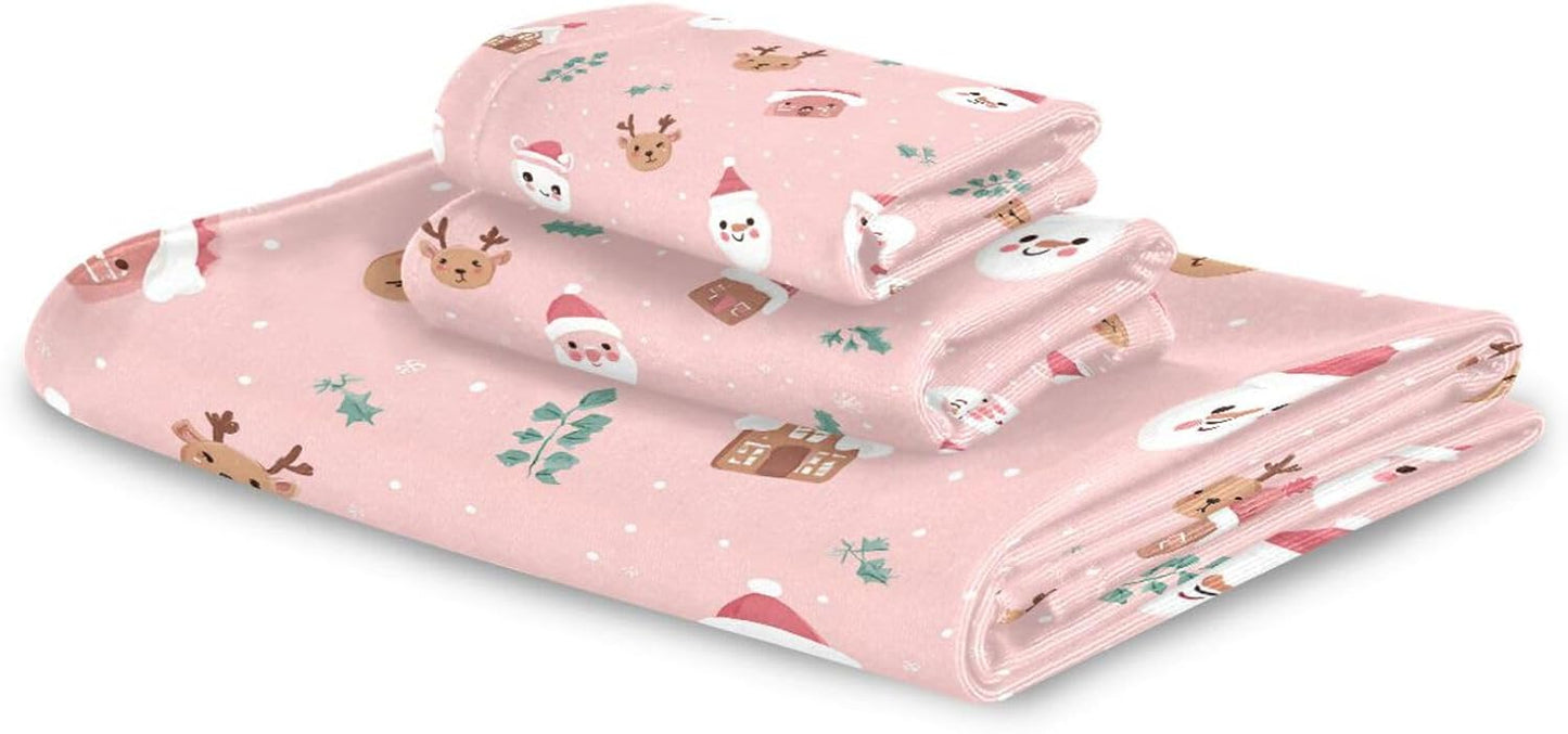 Set 3 Sets Pfrewn Christmas Winter Towels of Christmas Symbol with Pink Bathroom Towel Soft Absorbent Bath Hand Towels