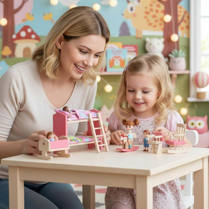 JOINPAYA Wooden Dollhouse Bedroom Furniture: Doll Bunk Bed Rocking Horse Chair, DIY 1:12 Scale Miniature Doll House Decoration Accessories for Ages 3+ Role-Playing