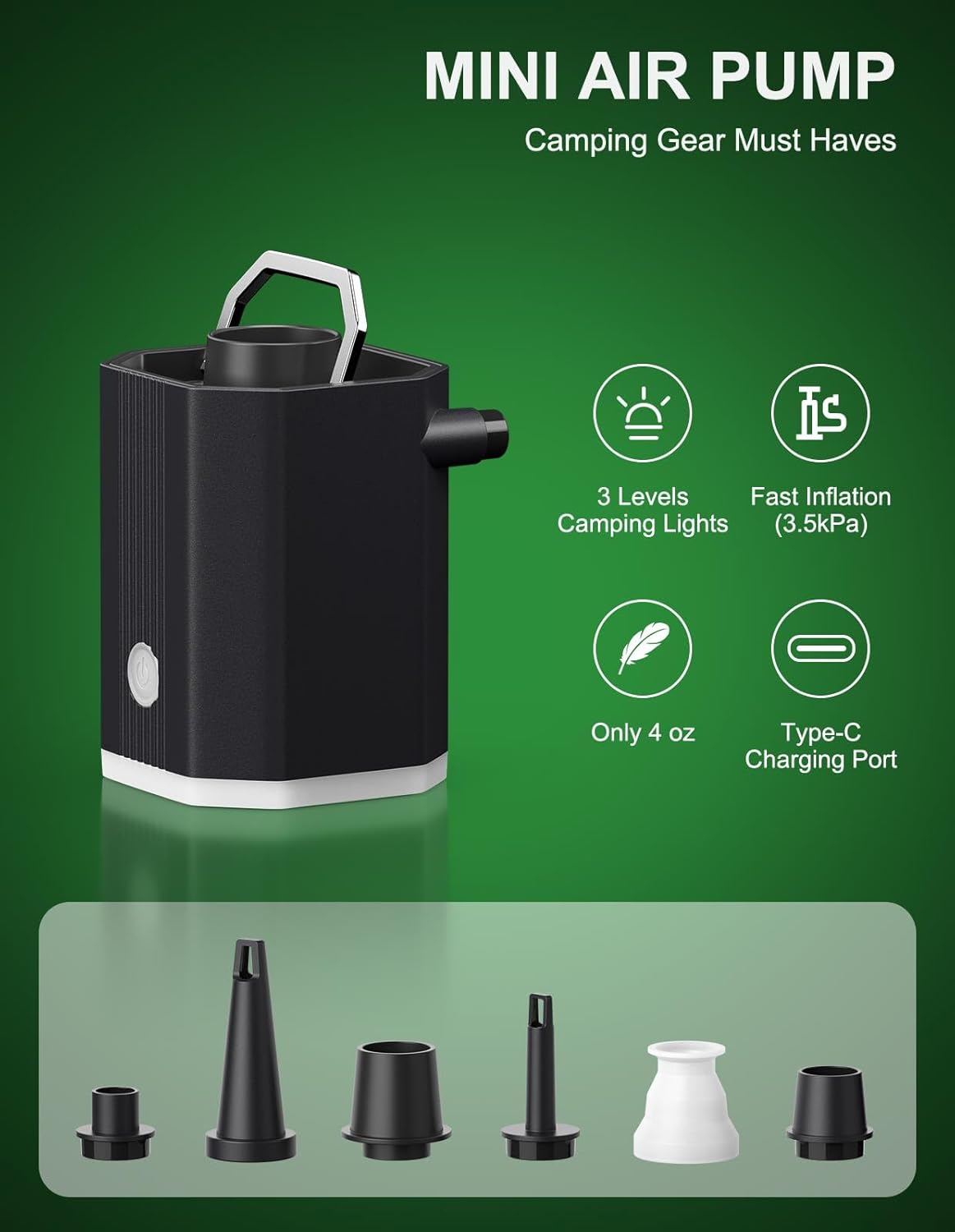 Mini Air Pump Portable, Camping Gear Must Haves, Rechargeable Air Pump for Inflate Deflate with Camping Lights