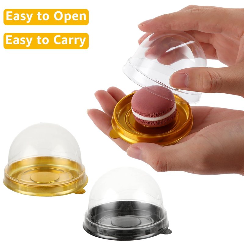 WOPPLXY 200 Pcs Mini Cake Containers, Clear Plastic Cupcakes Containers Muffin Mooncake Holder, Mini Cupcake Boxes with Dome Lid for Cheese Pastry Dessert Mooncake (100 Gold,100 Black)