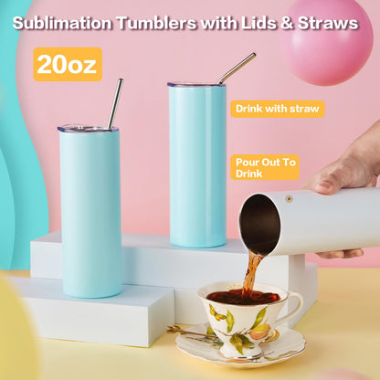 20pcs 20oz Sublimation Tumblers with Lids and Straws, Multi Color Stainless Steel Skinny Tumbler Sublimation Blanks Slim Insulated Cups for Heat Press with Shrink Wrap Water Bottles for Iced Coffee