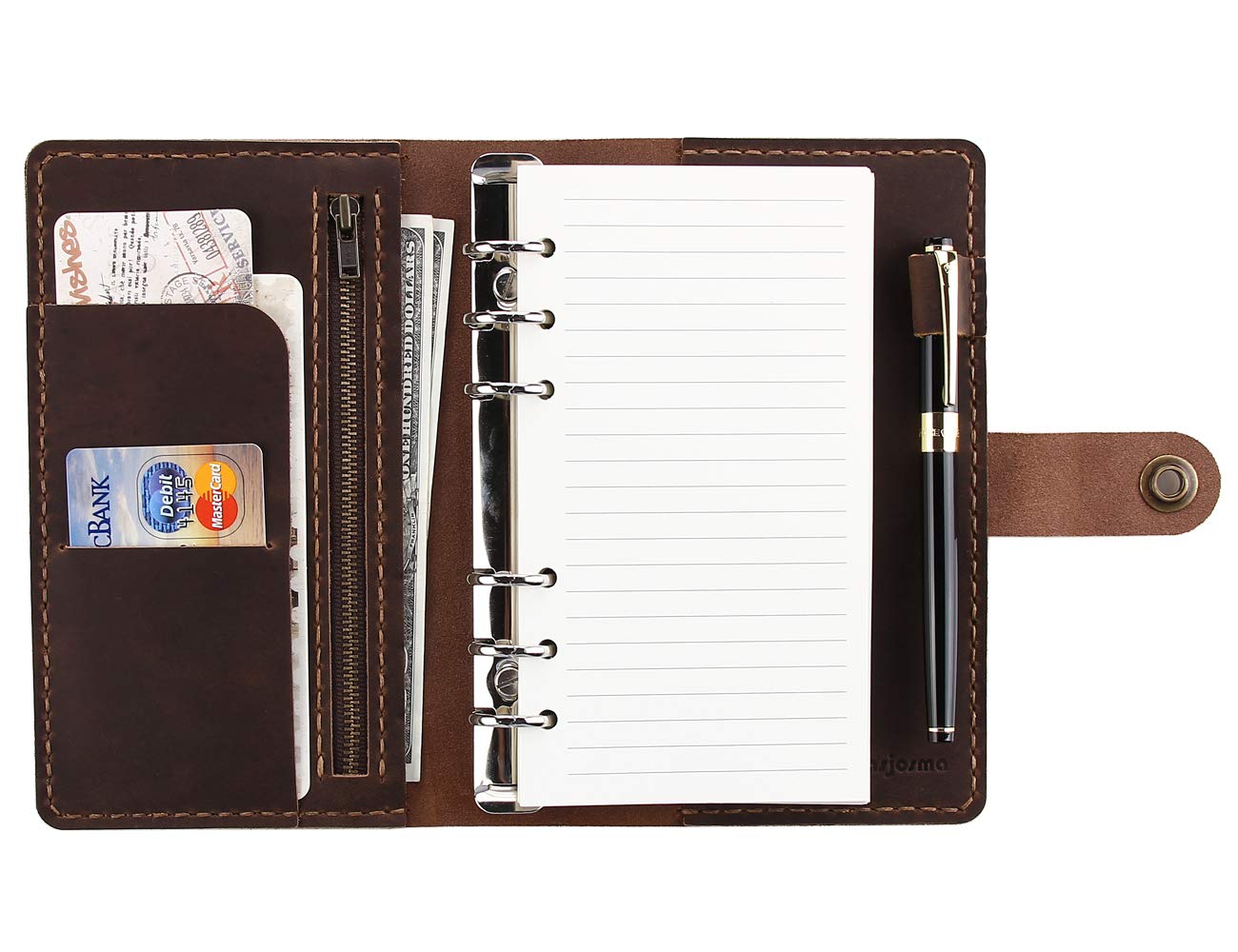 Leather Writing Journal Notebook Refillable, A6 Personal Size Traveler's Notebook with Pockets, 6 Ring Binder Planner Notebook with Pen Holder-BROWN