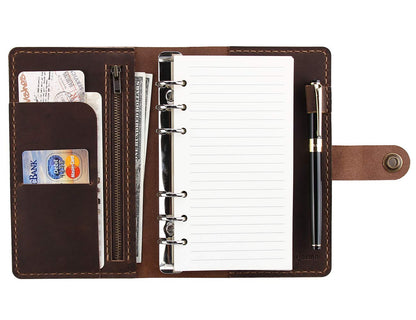 Leather Writing Journal Notebook Refillable, A6 Personal Size Traveler's Notebook with Pockets, 6 Ring Binder Planner Notebook with Pen Holder-BROWN