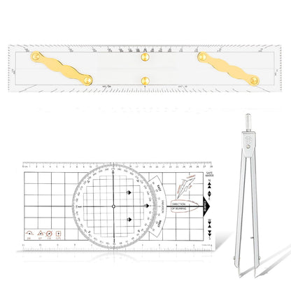 Ironwarrior 3 Pcs Basic Navigation Set,Including 15inch Parallel Ruler with Brass Arms, Nautical Protractor, and 6 Inch Marine Fixed Points Divider, Marine Accessories with Clear Scales for Boat