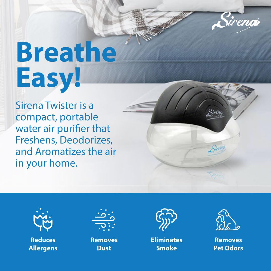 Sirena Twister Air Purifier (Black) - Water Filter Air Washer For Home and Office - Essential Oil Aroma Diffuser With LED Night light - Small Air Cleaner For Smoke and Pets