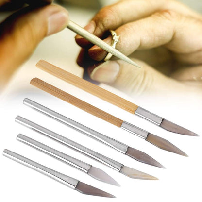 6pcs Agate Burnisher Knife Edged Agate Burnishing Tool Set Craft Polishing Tools Carving Precious Metal with Bamboo Iron Handle for Gold Platinum Jewelry Sterling Silver