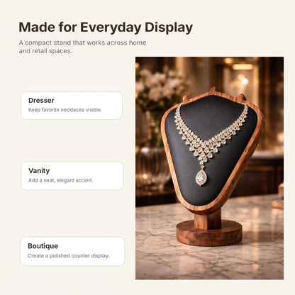 kaysqdxssy Necklace Display Stand, Walnut Wood Jewelry Holder with Soft Padded Leather Panel, Tabletop Necklace Organizer for Dresser, Vanity, Boutique Display (Black)