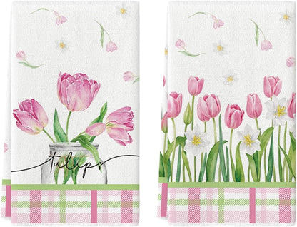 18x26 Inch Set 2 Artoid Mode Tulip Buffalo Plaid Flowers Spring Kitchen Towels Dish Towels, Seasonal Floral Decoration