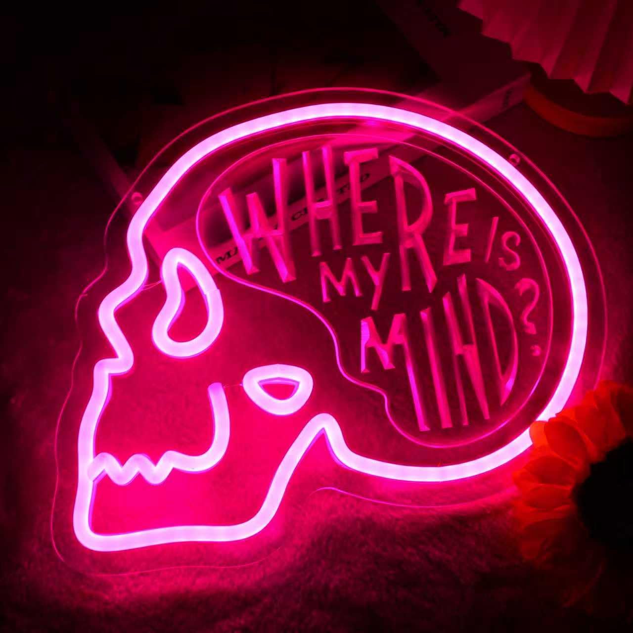MOERBENCHI Skull Where is My Mind Neon Signs for Wall Decor, USB Dimmable Pink Skeleton LED Neon Light Sign for Bedroom Man Cave Beer Bar Club Game Room, Halloween Party Decor Gift