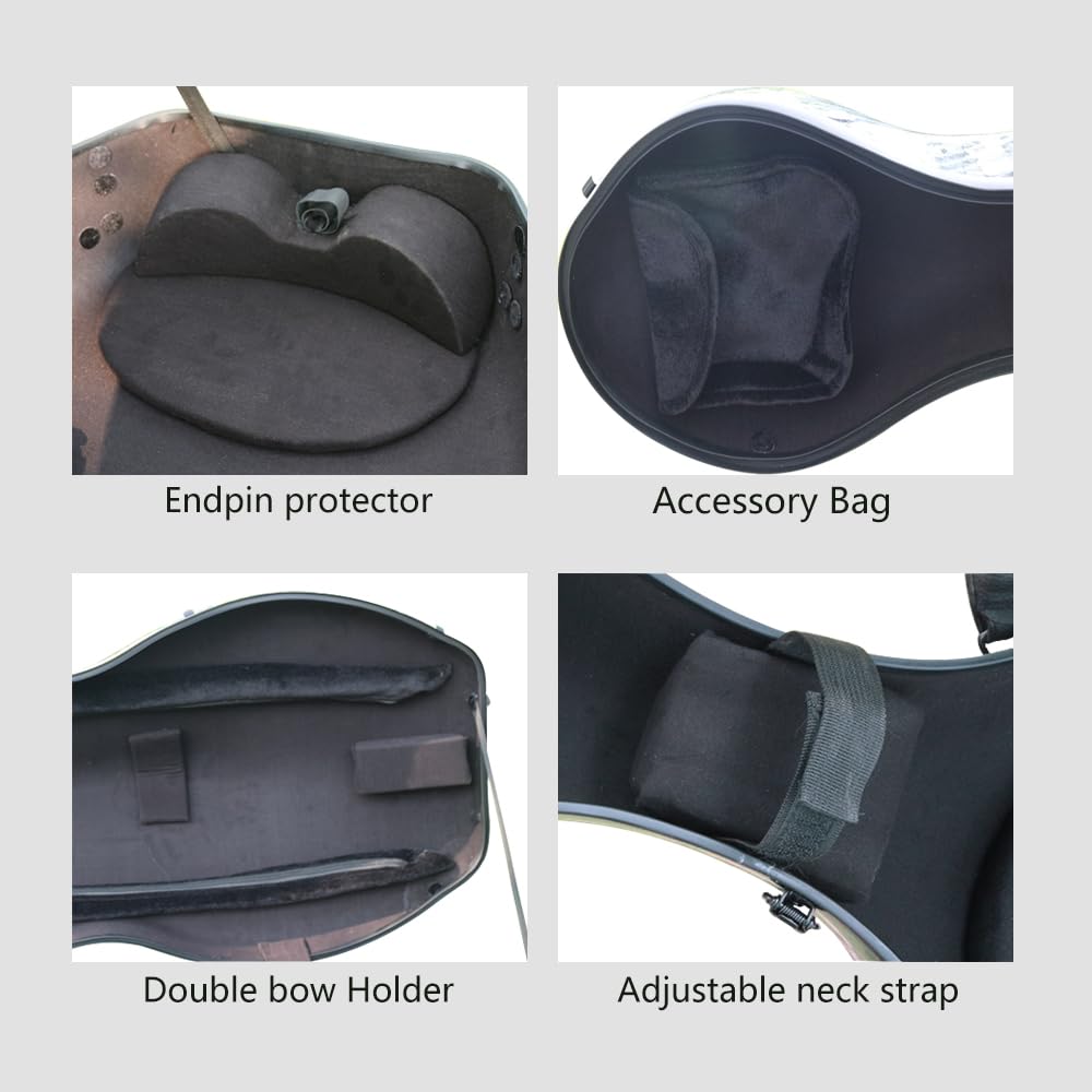 4/4 Full Size Cello Case Hard Mixed Carbon Fiber Strong & Ultralight Cello Box ca. 4.0 kg with Strong Handle & 2 Bow Holders & Back Straps & Wheels (Black)