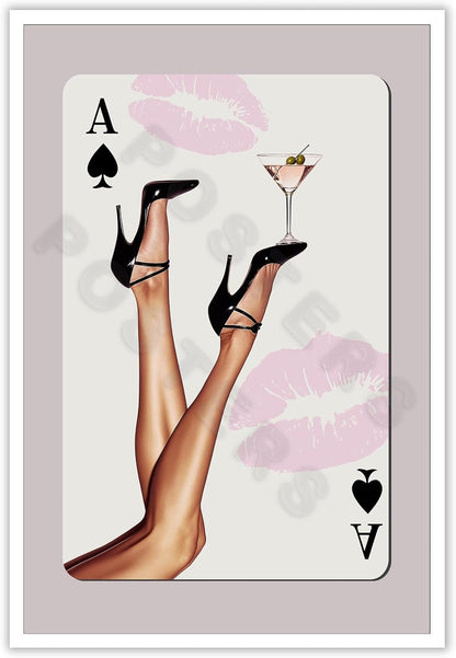LRCYBMN 24X36 Trendy Pink Playing Card Print Wall Art Posters Retro Ace Of Spades Print Black Heels Poster Bar Cart
