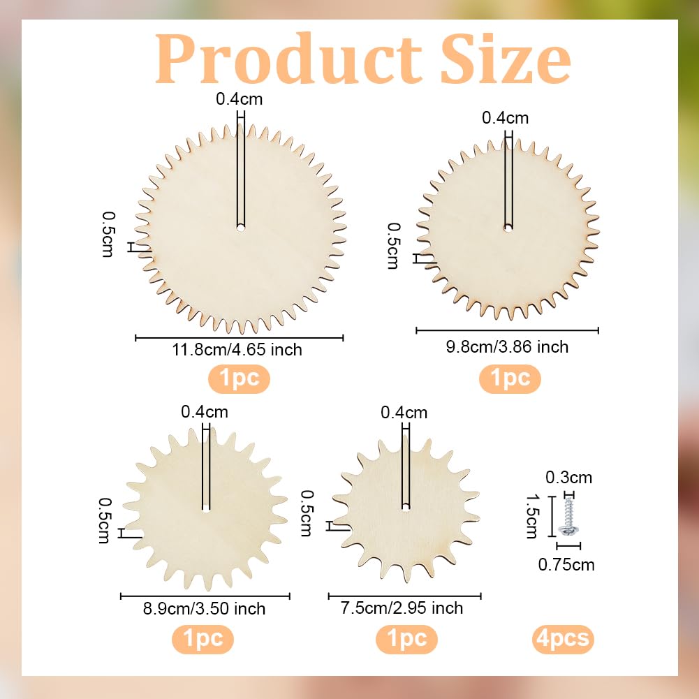 OLYCRAFT 4Sets Unfinished Wooden Gears Interchangeable Wood Gears Undyed Wooden Gear Pieces Steampunk Wood Pieces DIY Paint Gear Craft Supplies with Screw for DIY Craft Decoration Busy Board Accessory
