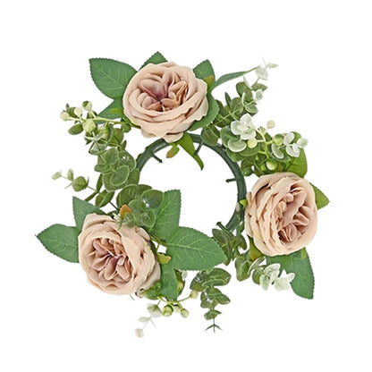 Artificial Rose Candle Rings Wreath Mini Floral Wreaths Pillar Candle Holder with 3 Blooming Flowers and Green Leaves for Wedding Party Home Table Centerpieces Decor (Khaki)